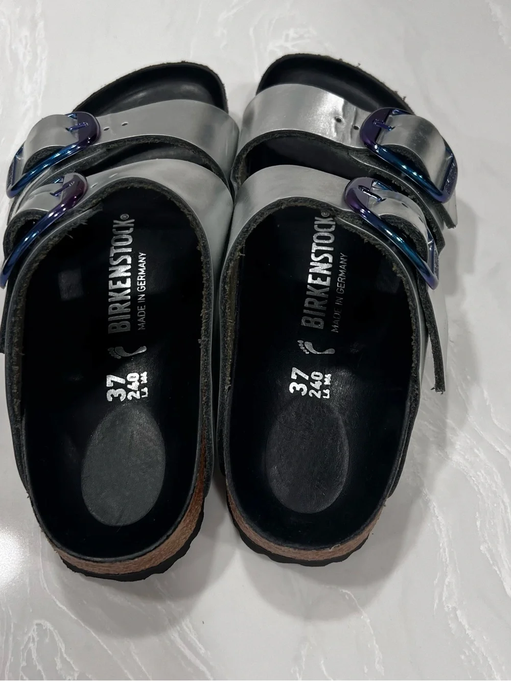 Birkenstock Arizona Big Buckle Slide Sandals Silver Metallic Leather Women's 37